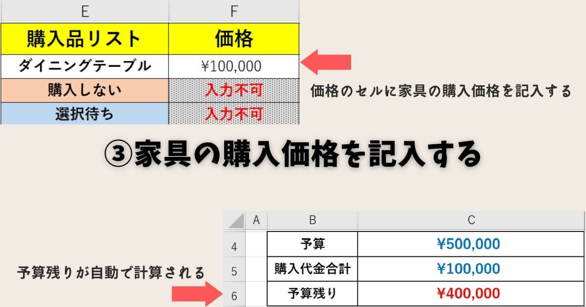 買い物リストの使い方③家具の購入価格を記入する